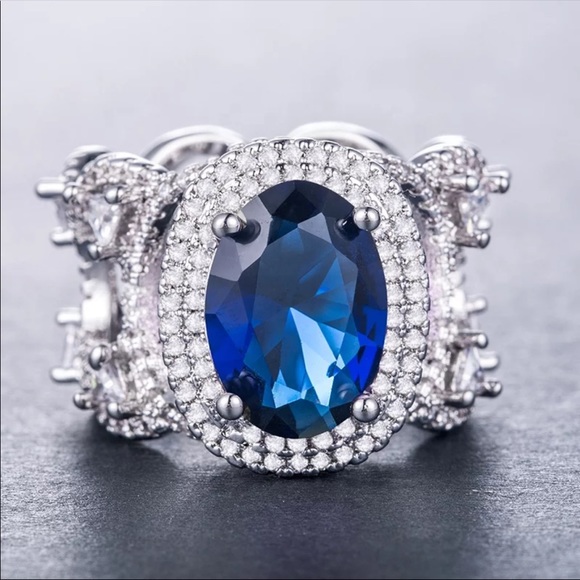 New Women’s Luxury 925 Silver Sapphire Big Ring - Picture 2 of 3